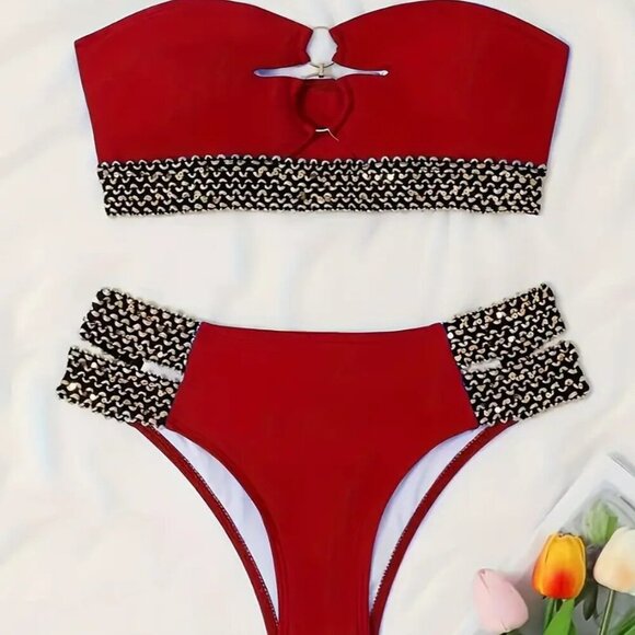 High Stretch Golden Sequin Ring Link Bikini (Color: Dark Red) - Picture 3 of 5